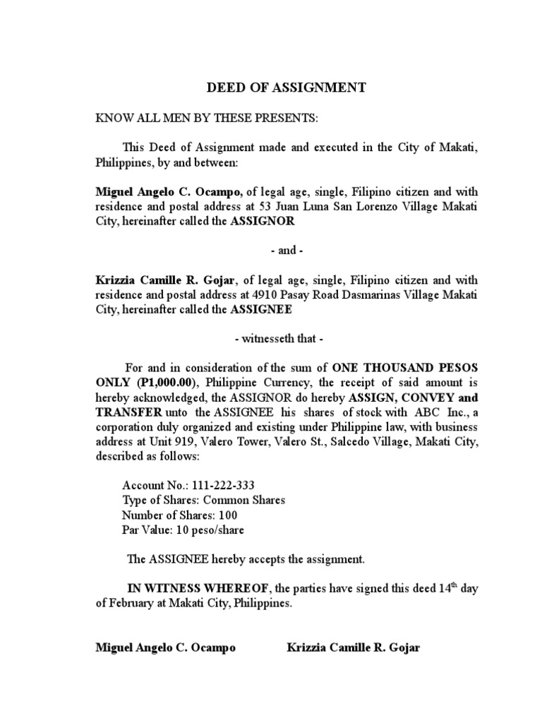 Deed Of Transfer Of Shares