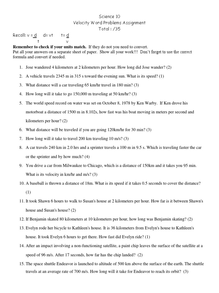 Velocity Word Problems Assignment 0