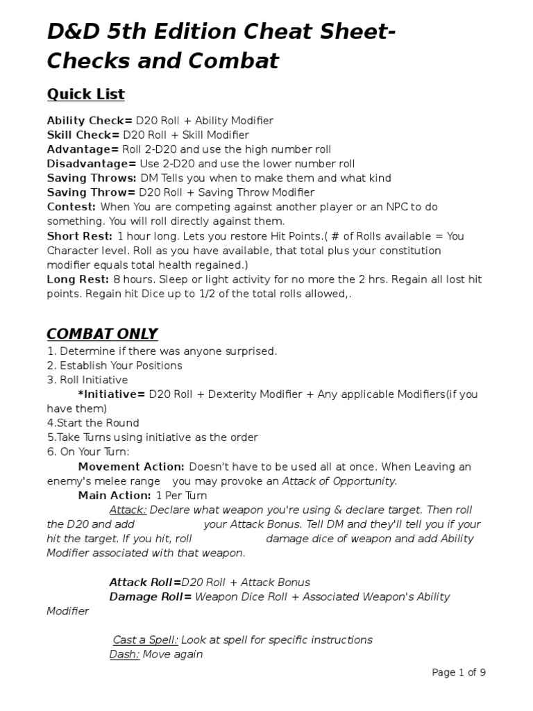 Checks and Combat Cheat Sheet - D&amp;D 5e | PDF | Dungeons &amp; Dragons 