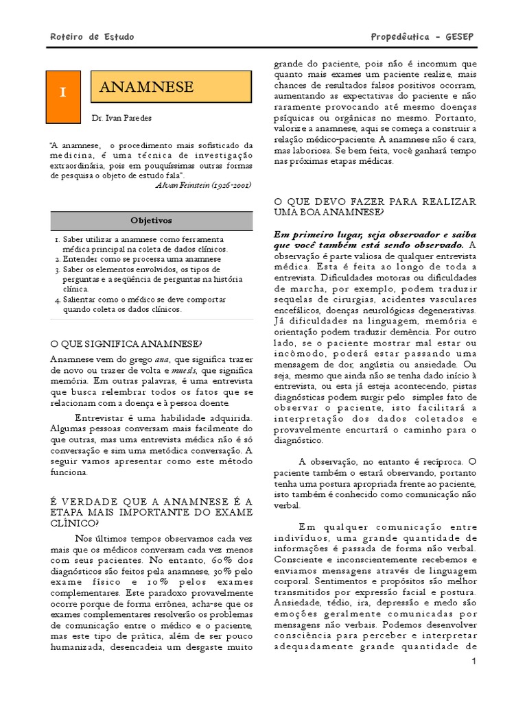 1 Anamnese o Que Devo Fazer para Realizar Uma Boa Anamnese, PDF, Entrevista