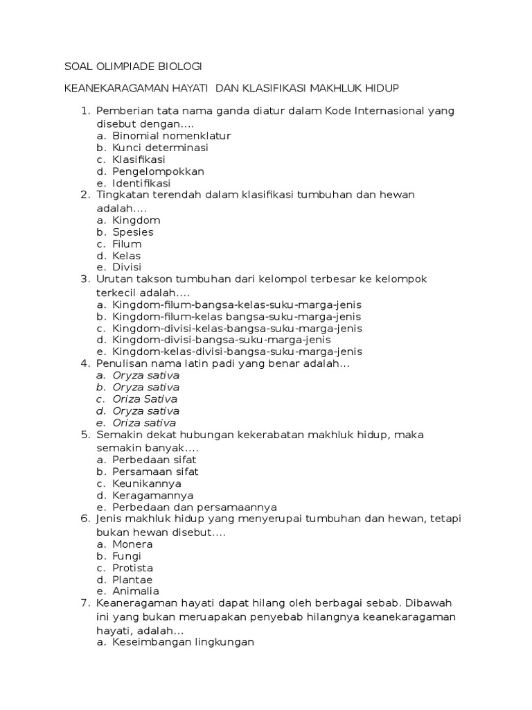 Soal Olimpiade Biologi Smp Keanekaragaman H