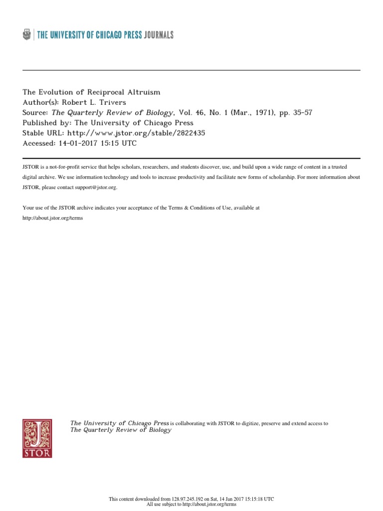 Trivers 1971. The Evolution of Reciprocal Altruism | PDF | Altruism |  Biological Interactions