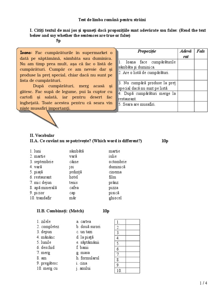 Test de Limba Română | PDF