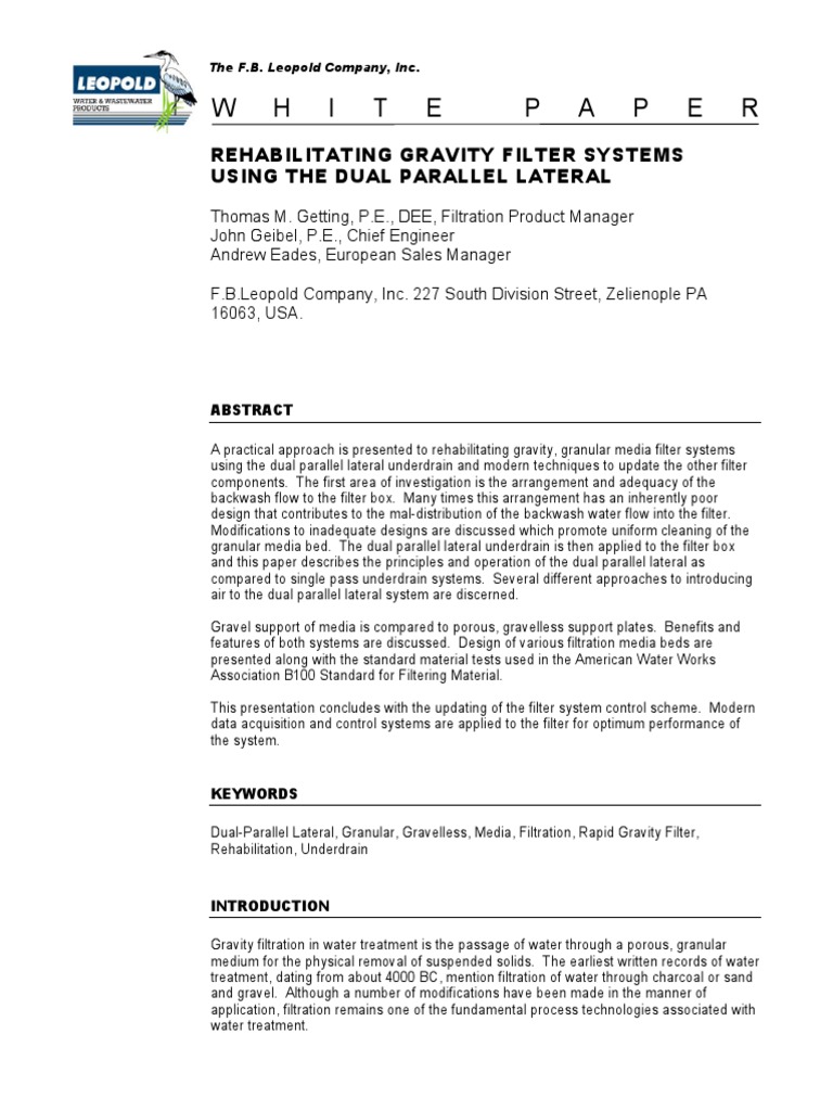 Rehabilitating Gravity Filter Systems Using The Dual Parallel Lateral ...