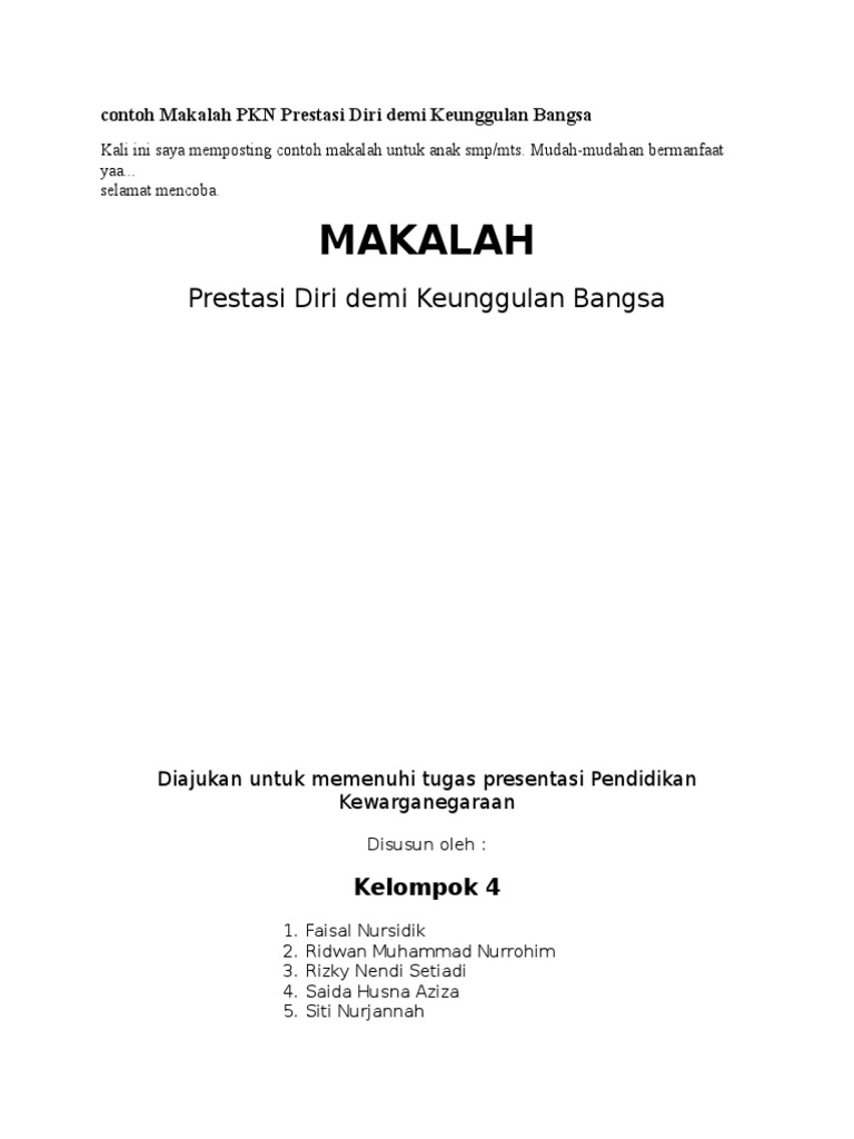 Contoh Makalah Pkn Prestasi Diri Demi Keunggulan Bangsa