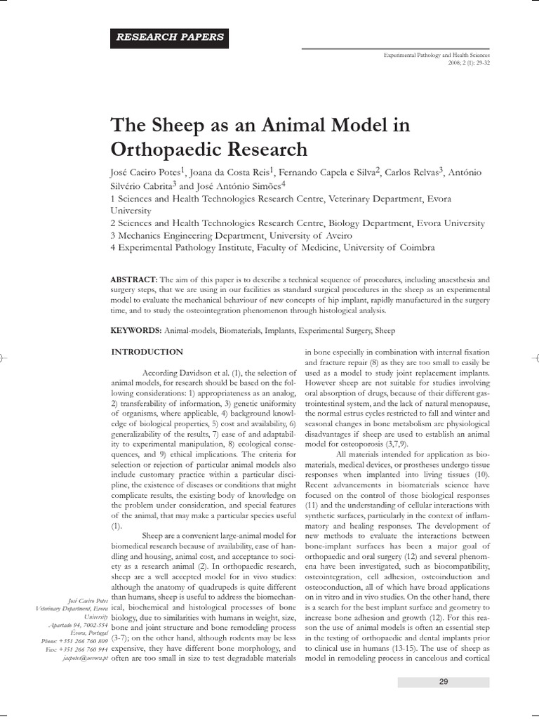 The Sheep As An Animal Model in Orthopaedic Research PDF Medical Specialties Health Sciences