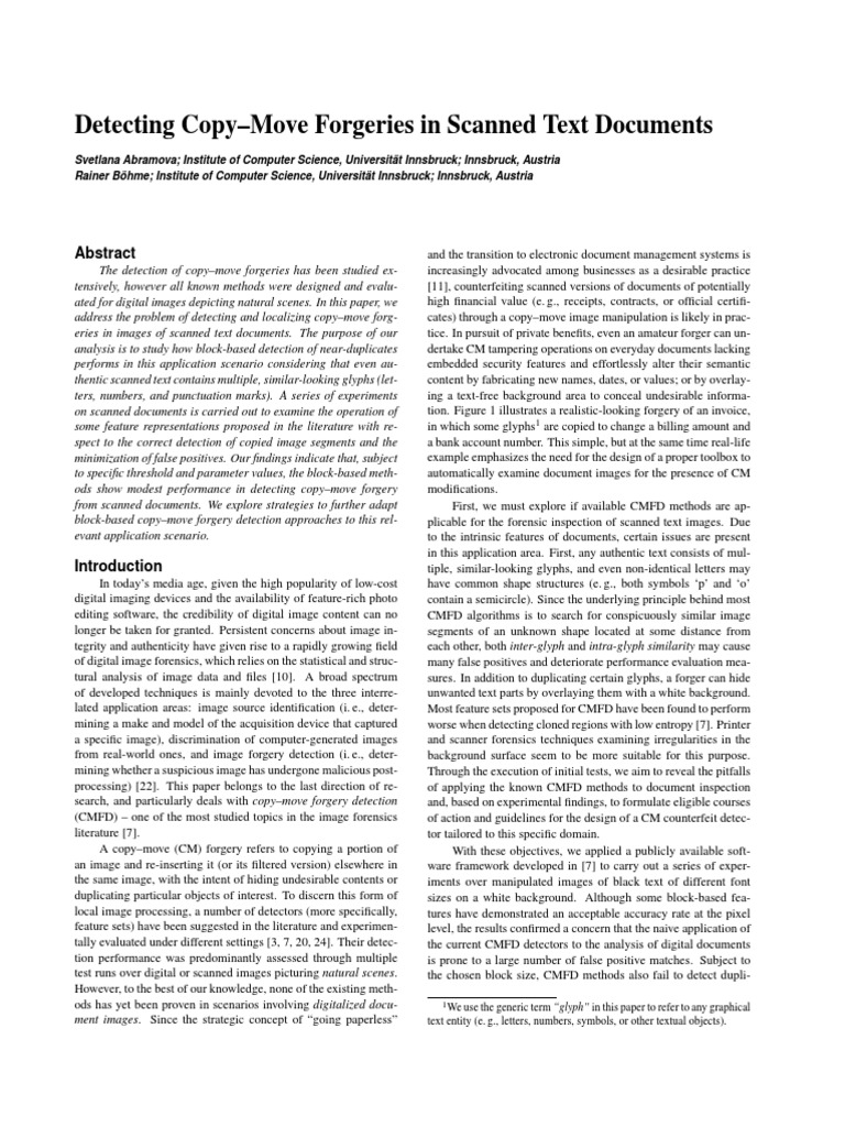 Detecting Copy-Move Forgeries in Scanned Text Documents | PDF | Optical ...