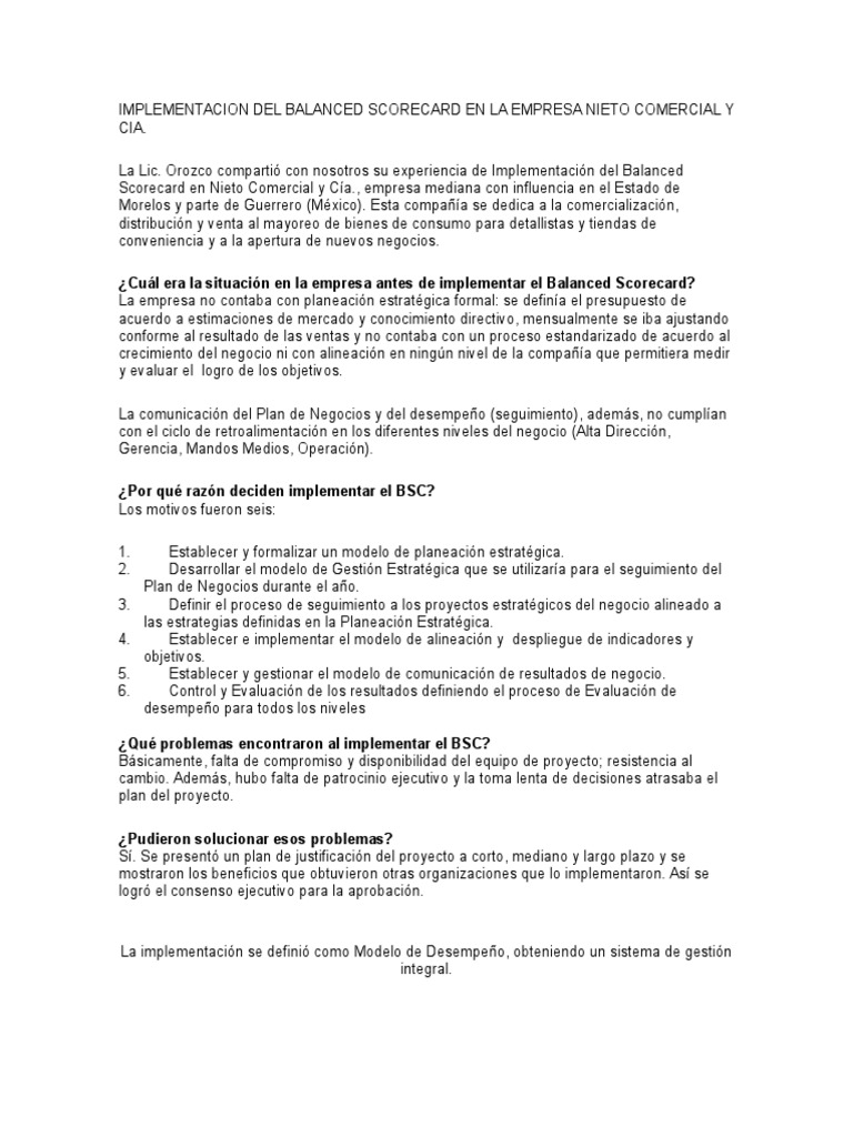 Implementacion Del Balanced Scorecard en La Empresa Nieto Comercial y ...