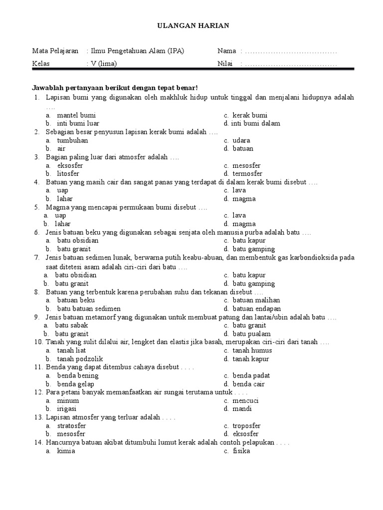 Ulangan Harian Kelas 5 Materi Batuan Semester 2