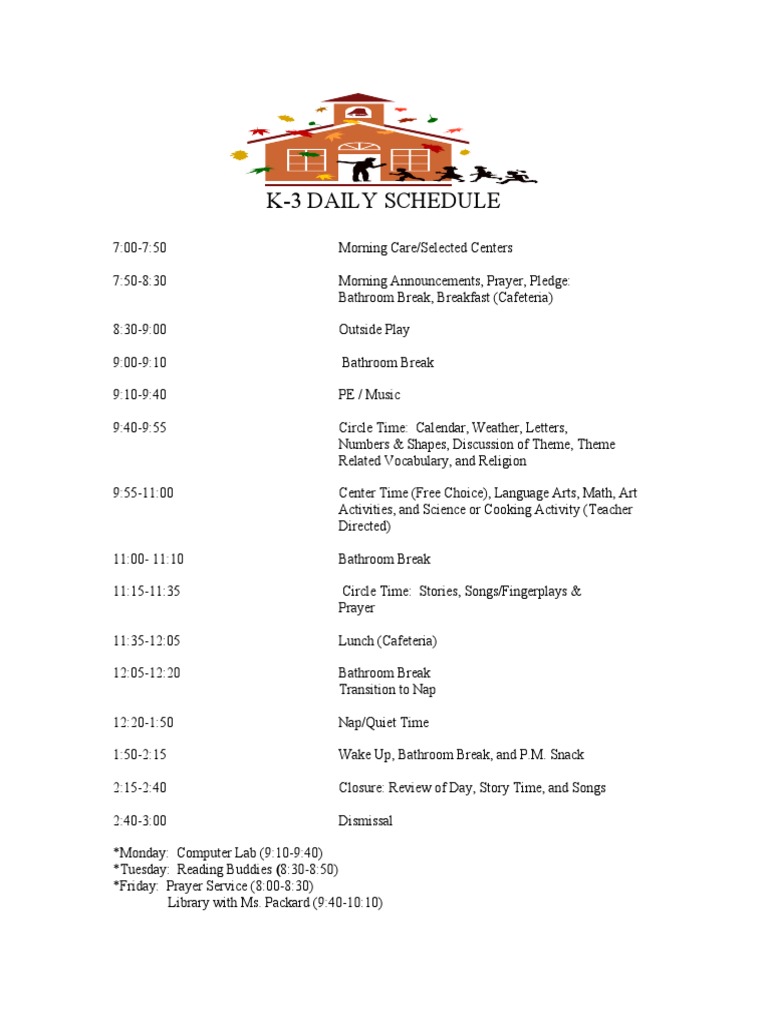 K-3 Daily Schedule Overview | PDF | Language Arts & Discipline