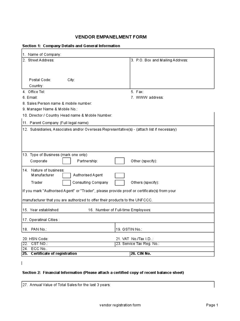Vendor Empanelment Form PDF Address (Geography) Business