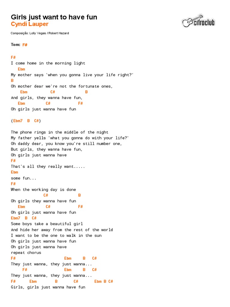 Cyndi Lauper Girls Just Want To Have Fun Paroles Cifra Club - Cyndi Lauper - Girls just want to have fun.pdf | Pop Music