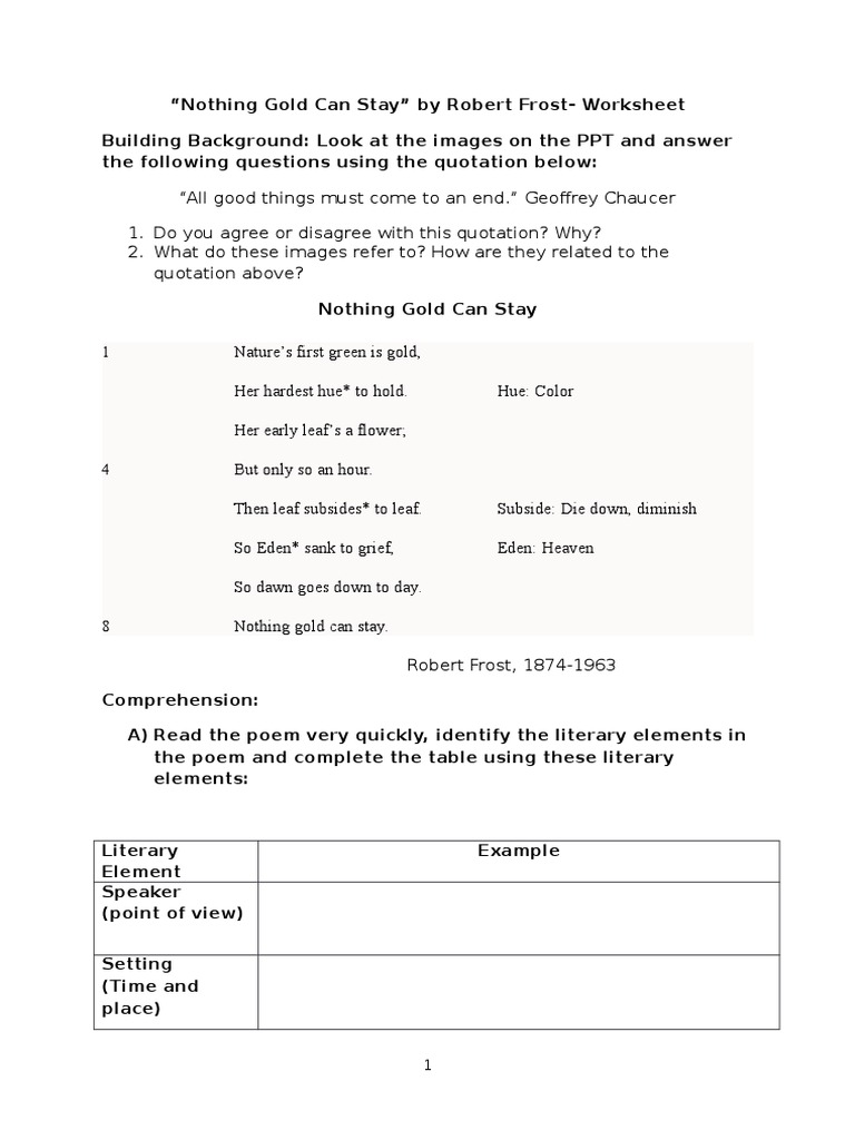 nothing gold can stay worksheet | Poetry