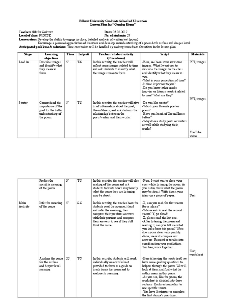 coming home lesson plan | Lesson Plan | Poetry