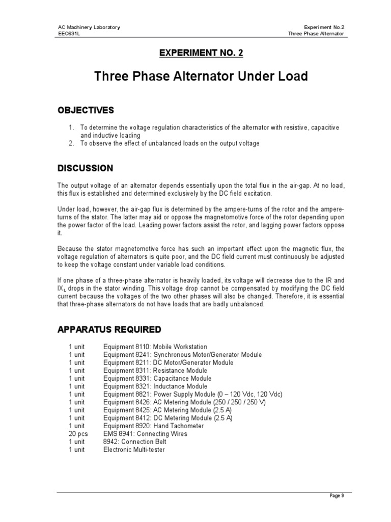 Load Testing Three-Phase Alternators | PDF | Power Supply | Electric Motor