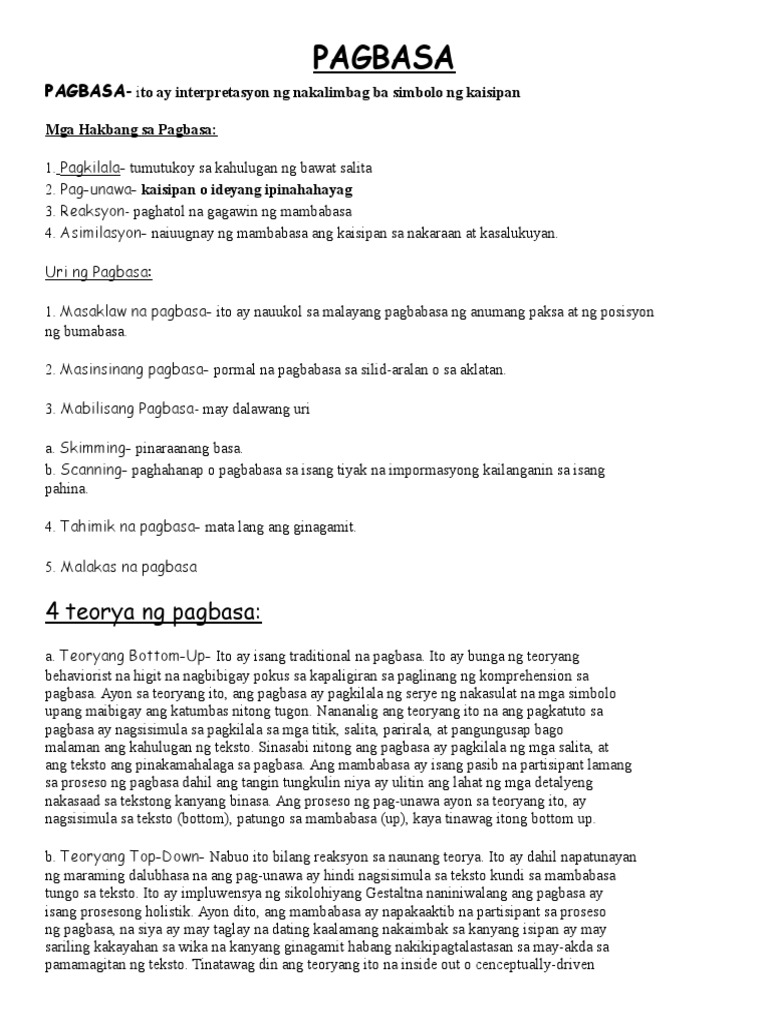 Mga Uri Ng Pagbasa