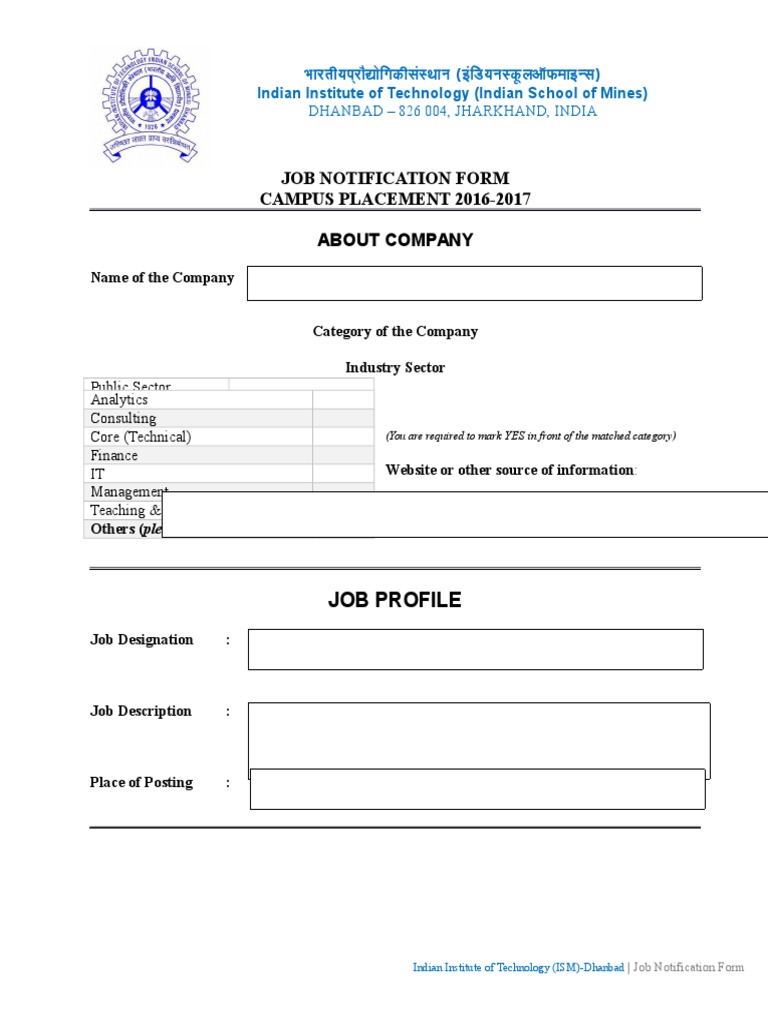 Job Notification Form CAMPUS PLACEMENT 20162017 About Company PDF