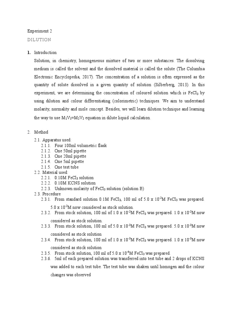 Lab Report Dilution Molar Concentration Solution
