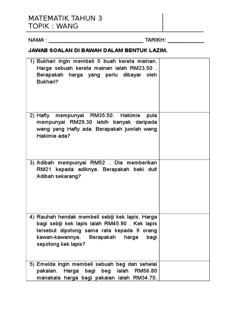 Lembaran Kerja Menyelesaikan Masalah Wang Operasi Pdf