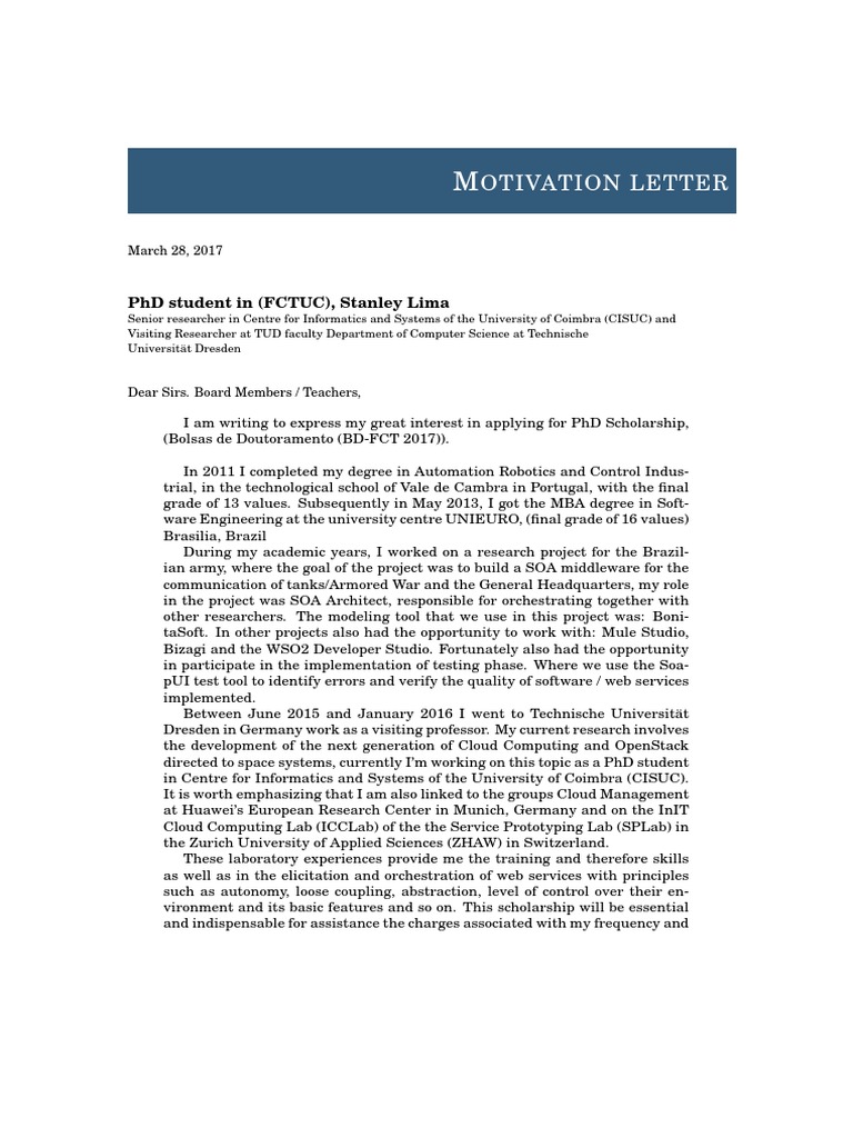Motivation Letter FCT  PDF  Doctor Of Philosophy  Service
