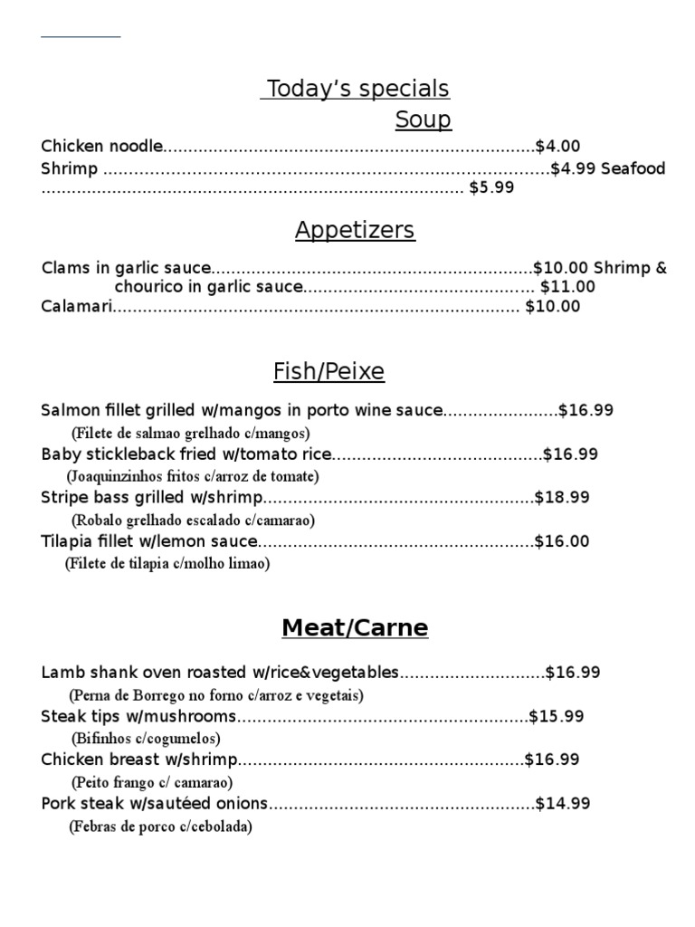 Today's Special Menu Highlights | PDF