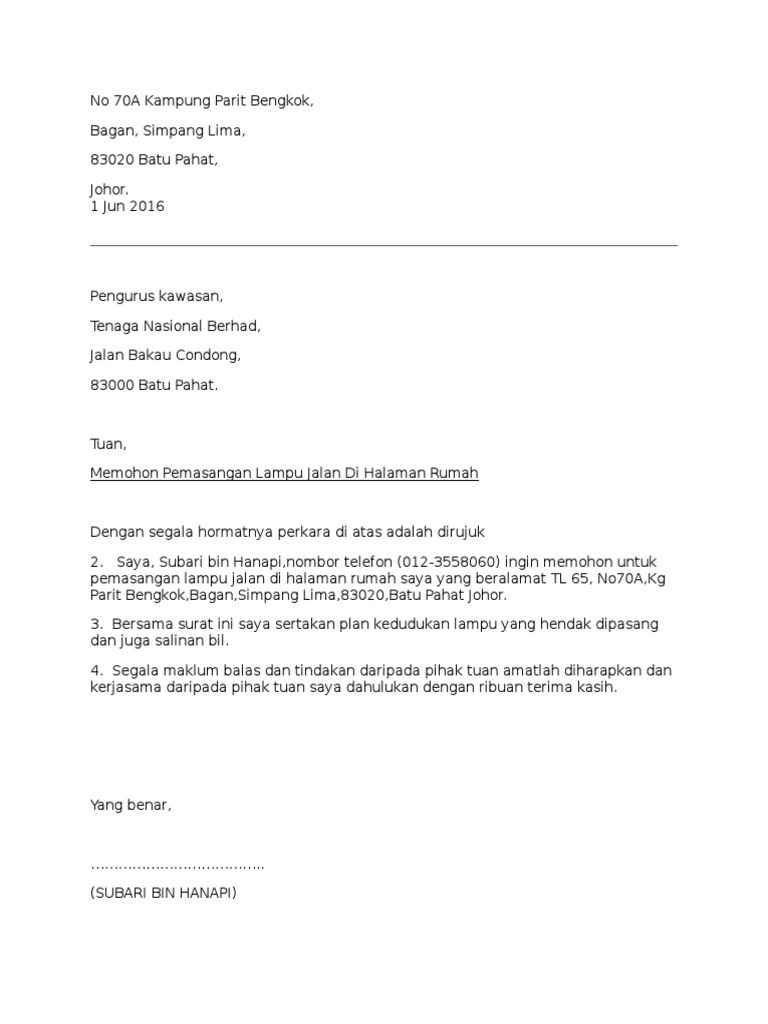 Contoh Surat Permohonan Masuk Metar Elektrik