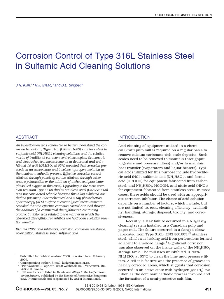 Corrosion Control of Type 316L Stainless Steel in Sulfamic Acid ...