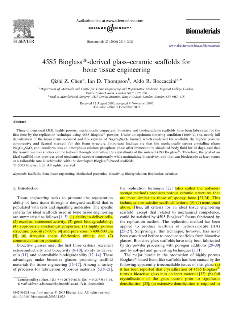 45S5 Bioglass derived glassceramic scaffolds for bone tissue engineering