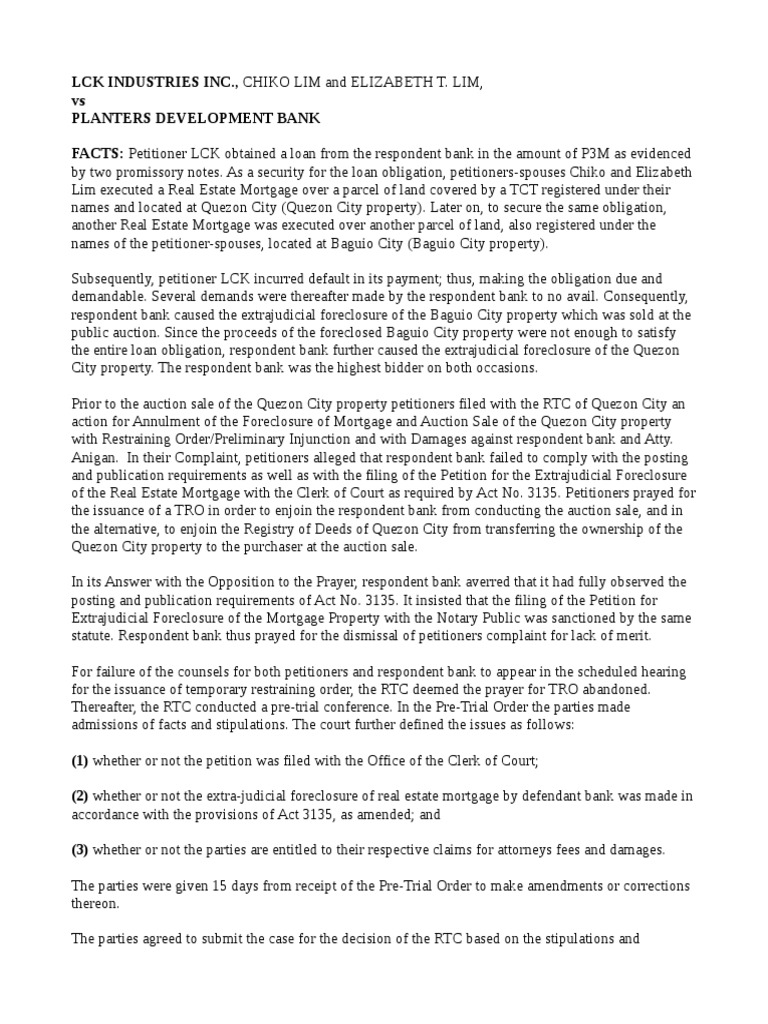 LCK Vs Planters Development Bank PDF Mortgage Law Foreclosure
