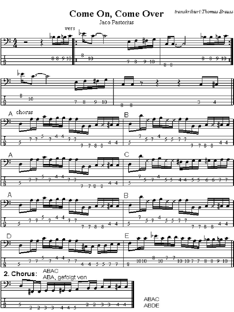 halt sav Alligevel Jaco Pastorius - Come On Come Over (Bass Score) Kensey | PDF