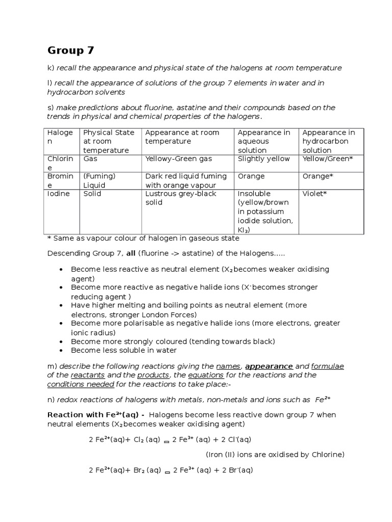 A Level Group 7 Notes | PDF | Chlorine | Redox