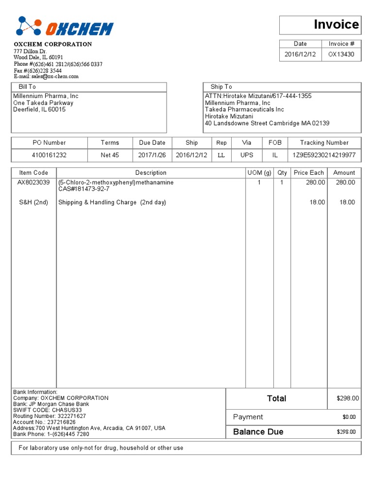 Oxchem Invoice OX13430 Details | PDF