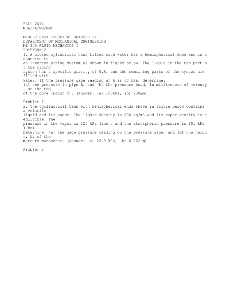Fluid Mechanics Homework Problems 2014 | PDF | Pressure Measurement ...