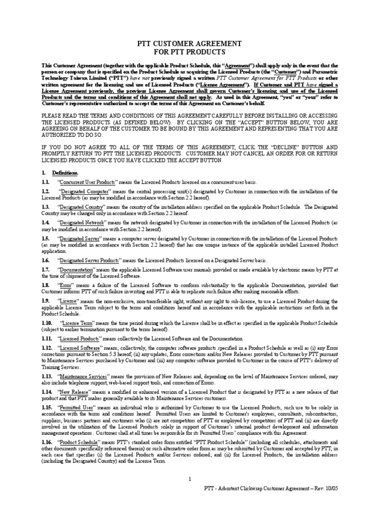 PTT Customer Agreement For PTT Products PDF License Trade Secret