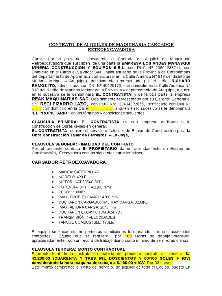 Contrato de Alquiler de Retroexcavadora | PDF | Información del ...