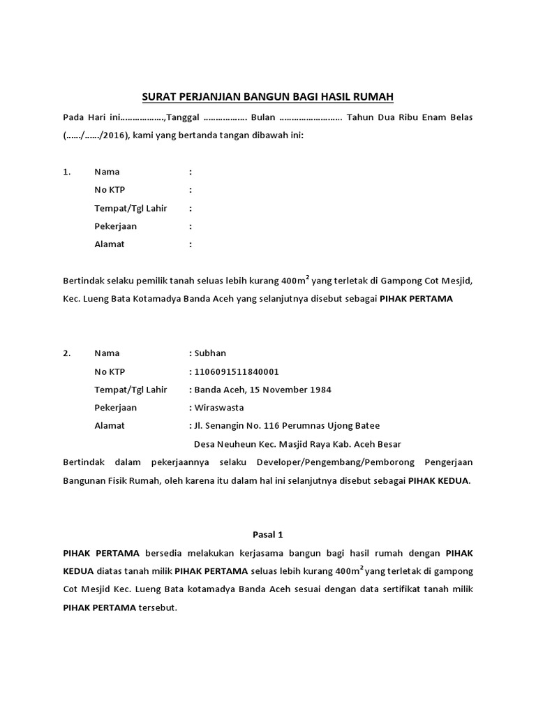 Surat Perjanjian Bangun Bagi Hasil Pdf