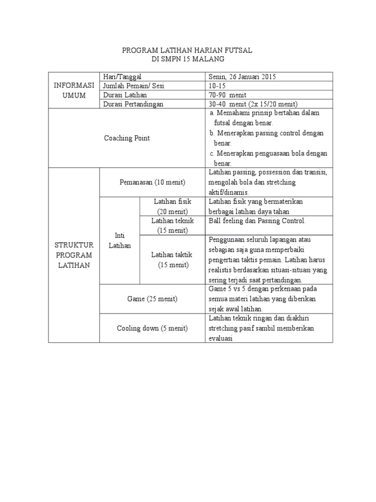 Jadwal Program Latihan Futsal Pdf