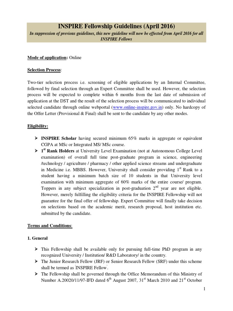 INSPIRE Fellowship Guidelines April 2016.PDF Doctor Of Philosophy