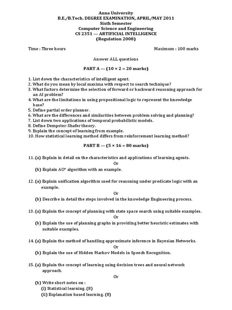 CS2351 AI Question Paper April May 2011 PDF Artificial Intelligence