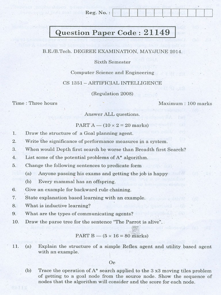 CS1351 AI Question Paper May June 2014 | PDF
