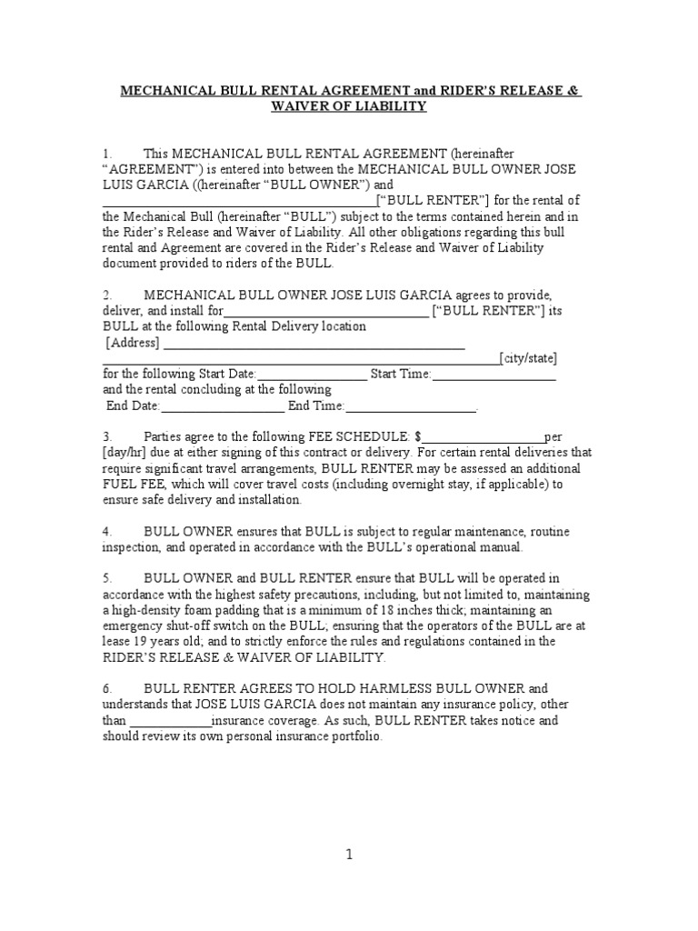 Bull Waiver PDF Indemnity Negligence