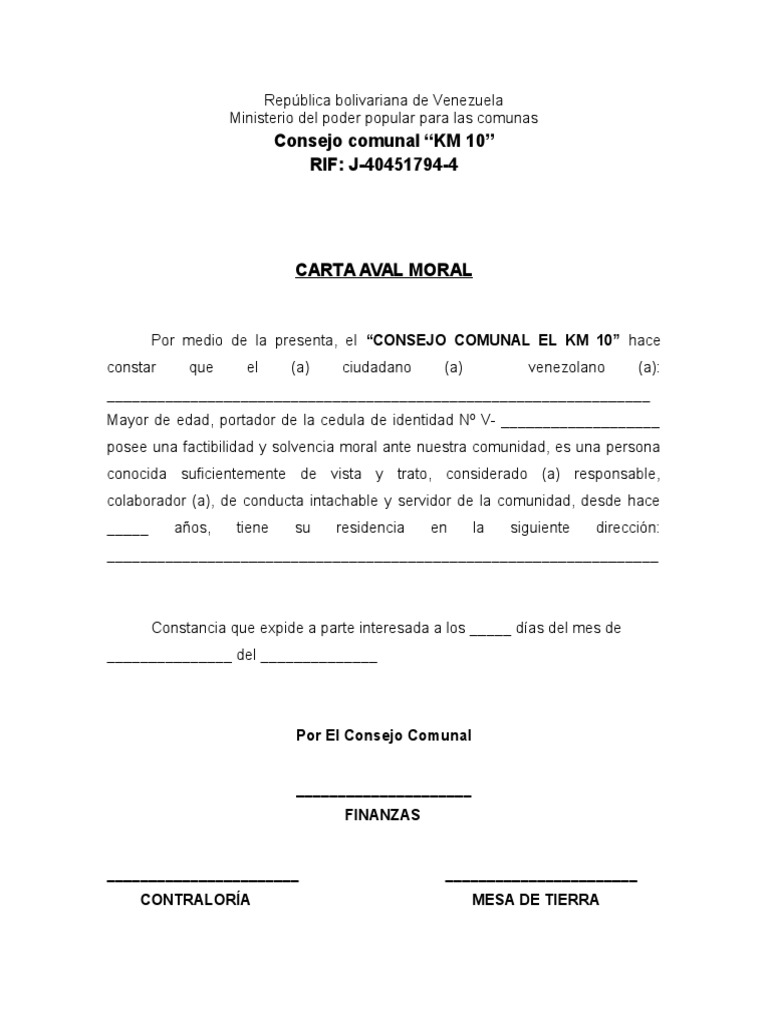 Carta Aval Moral Del Km, 10