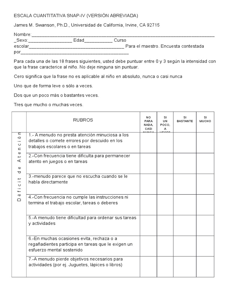 Escala Cuantitativa SNAP-IV Abreviada | PDF | Sicología