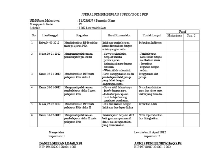 Jurnal Pembimbingan Supervisor 2 Pkp Pdf