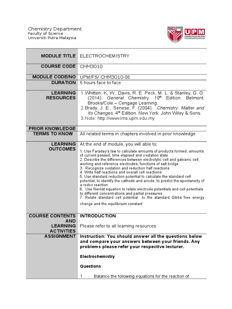 Electrochemistry Course Overview UPM | PDF | Electrochemistry | Redox