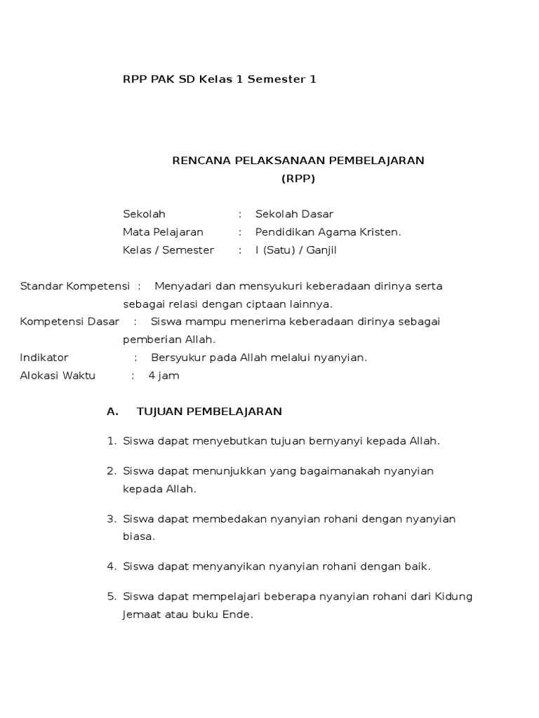 RPP PAK SD Kelas 1 Semester 1