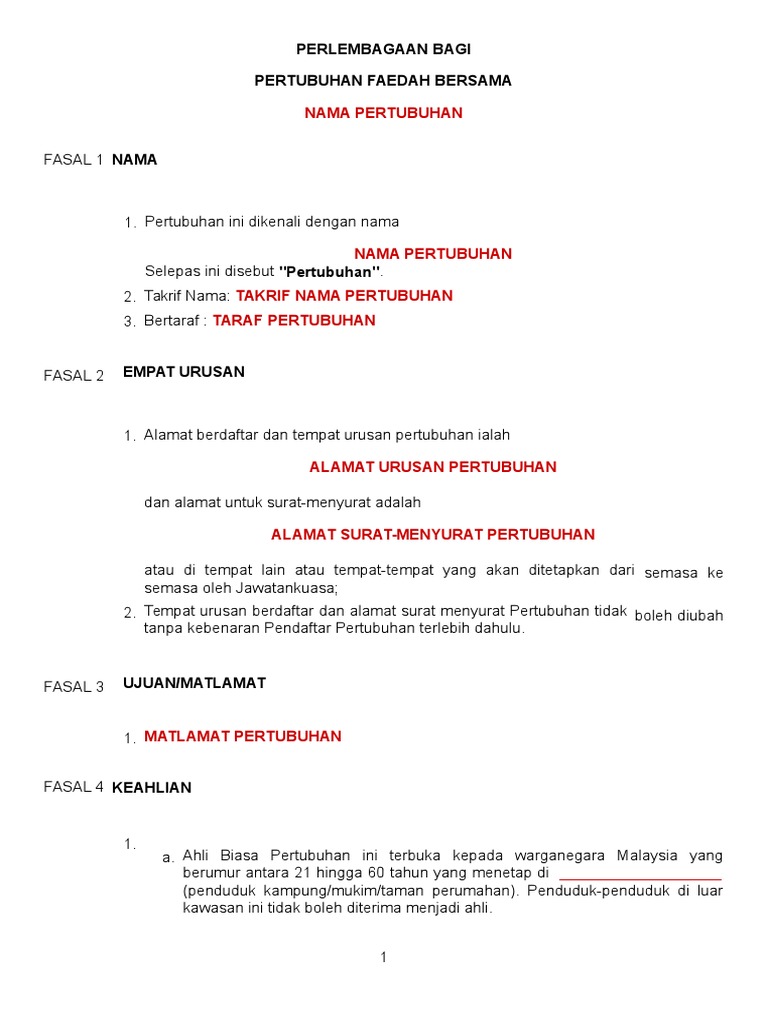 Contoh Perlembagaan Sendiri Faedah Bersama Pdf
