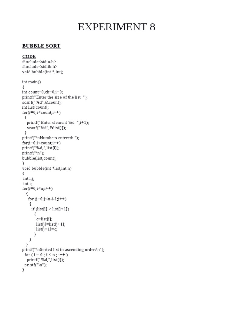 Bubble Sort Algorithm in C Code | PDF