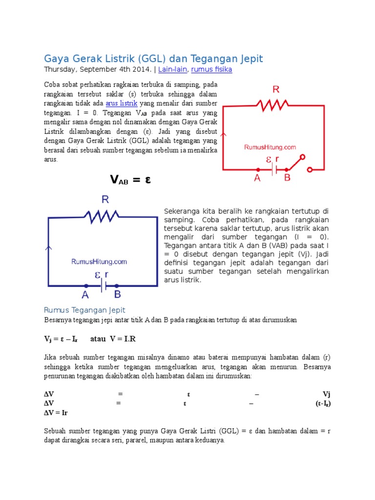 Gaya Gerak Listrik Ggl Dan Tegangan Jepit