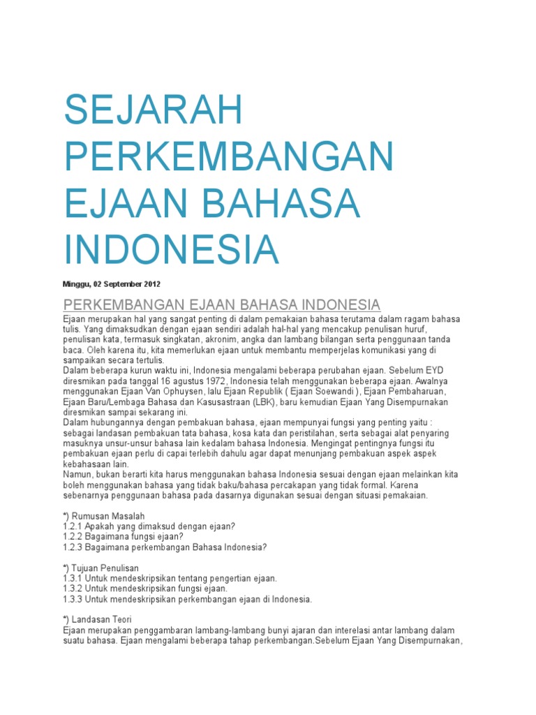 Sejarah Perkembangan Ejaan Bahasa Indonesia Docx